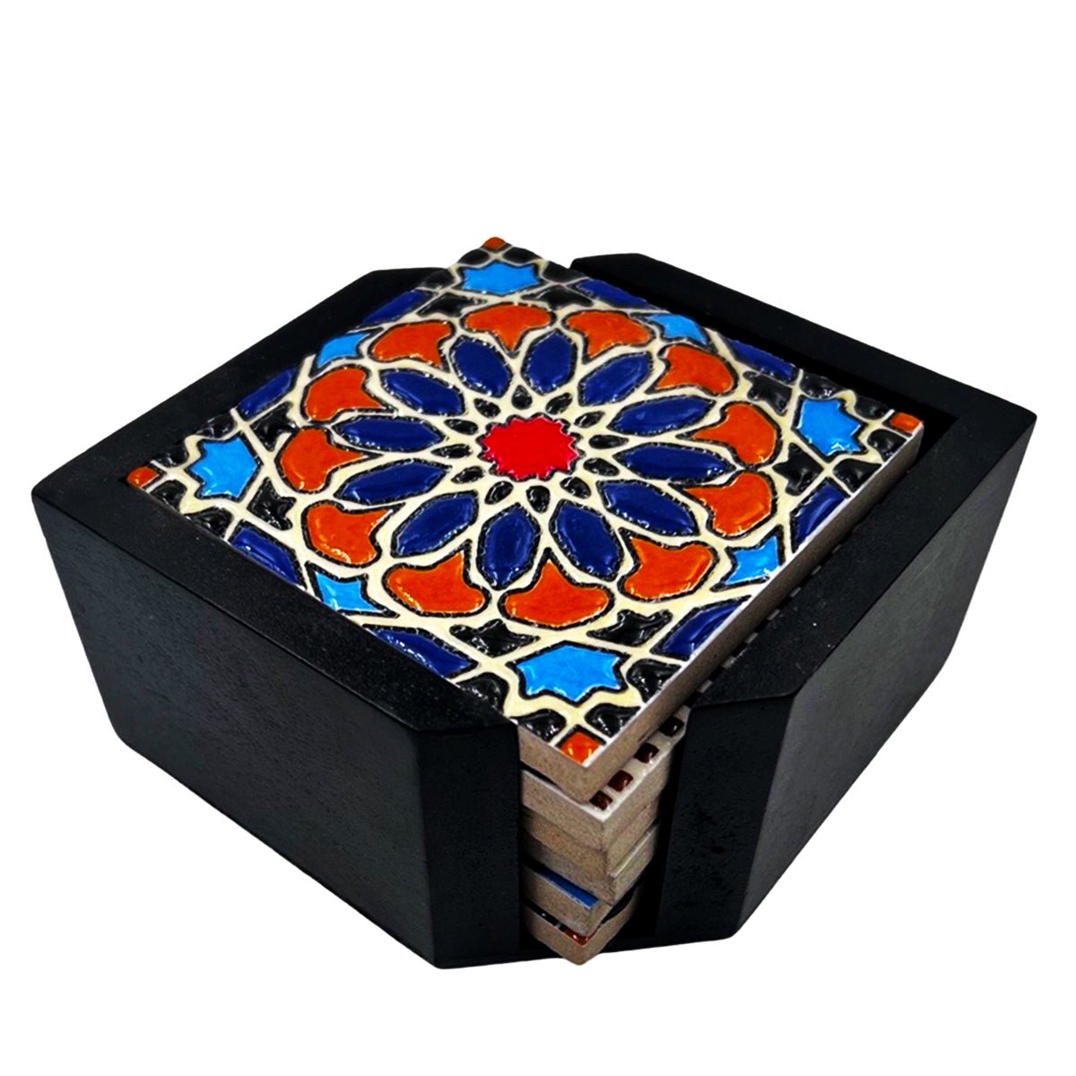 6 Ceramic Coasters With Wooden Holder
