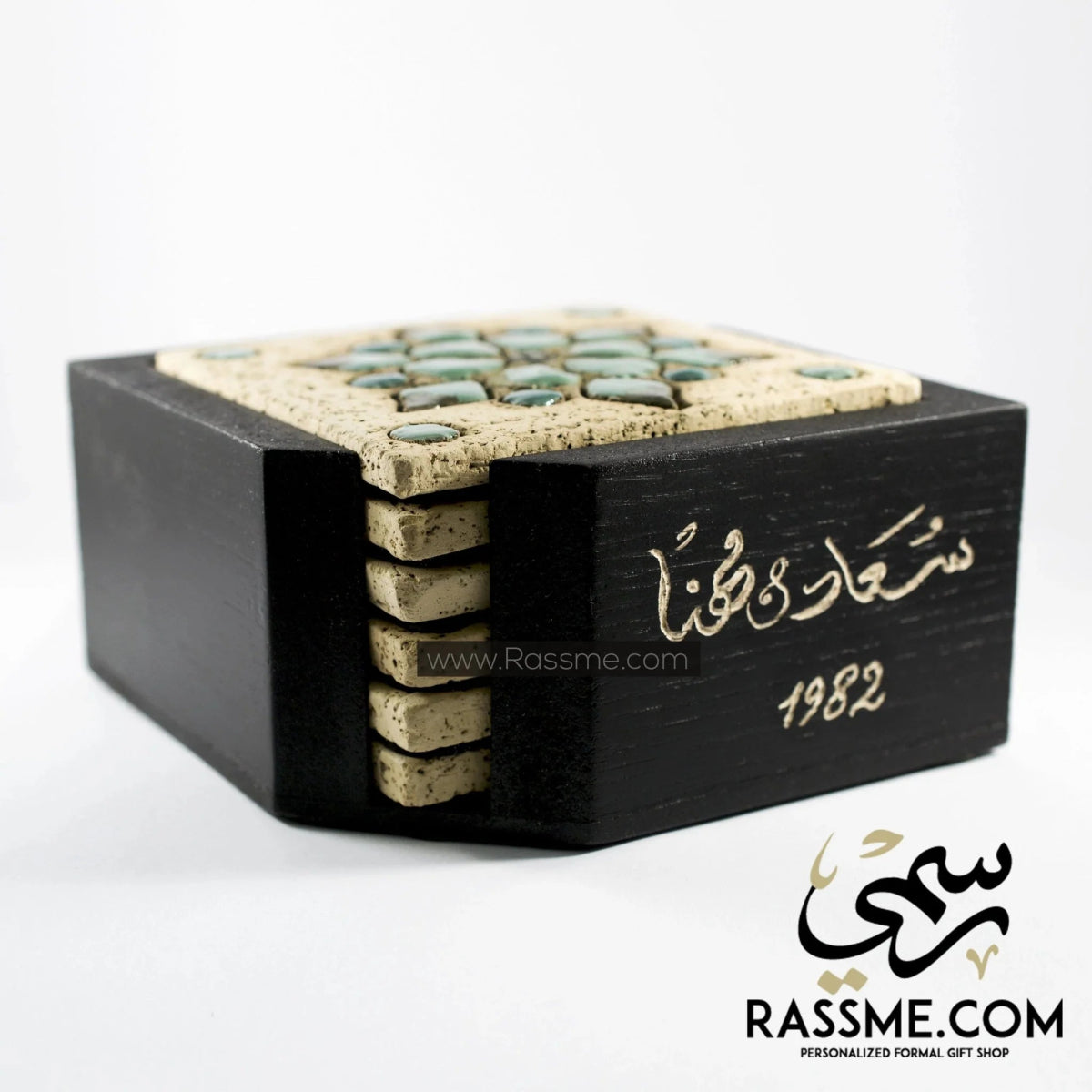 6 Coasters Set With Wooden Holder Nabateans Handcrafted