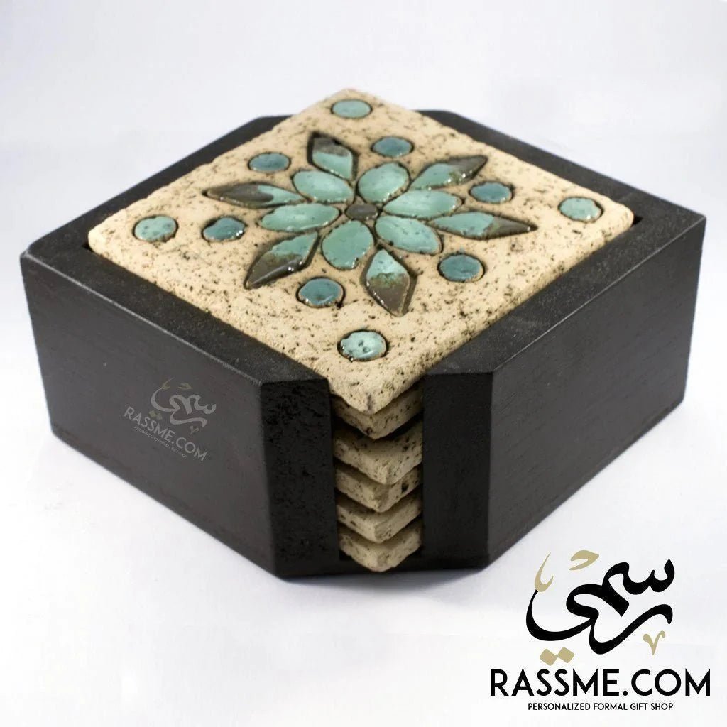 6 Coasters Set With Wooden Holder Nabateans Handcrafted