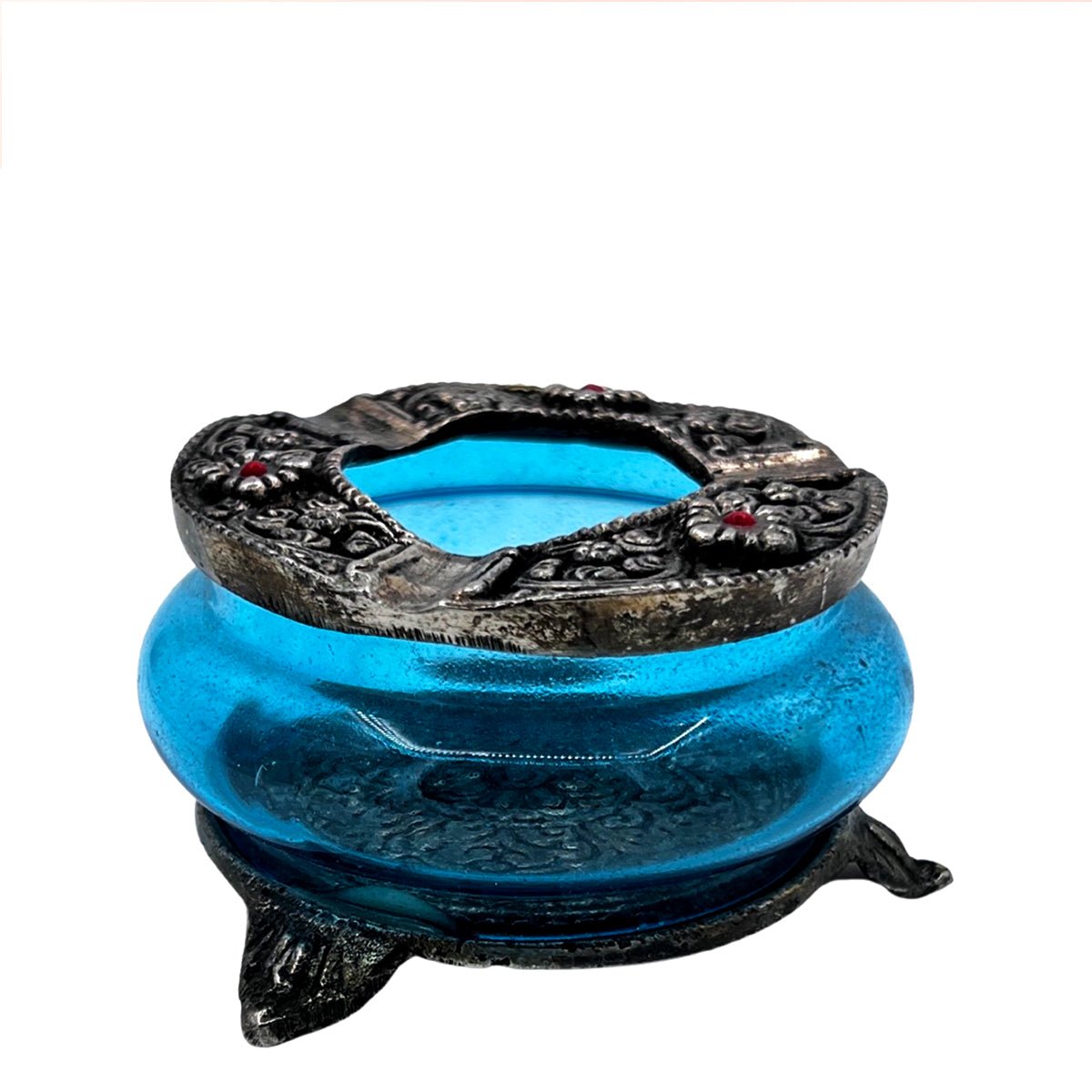Blue Glass With Metal Ashtray