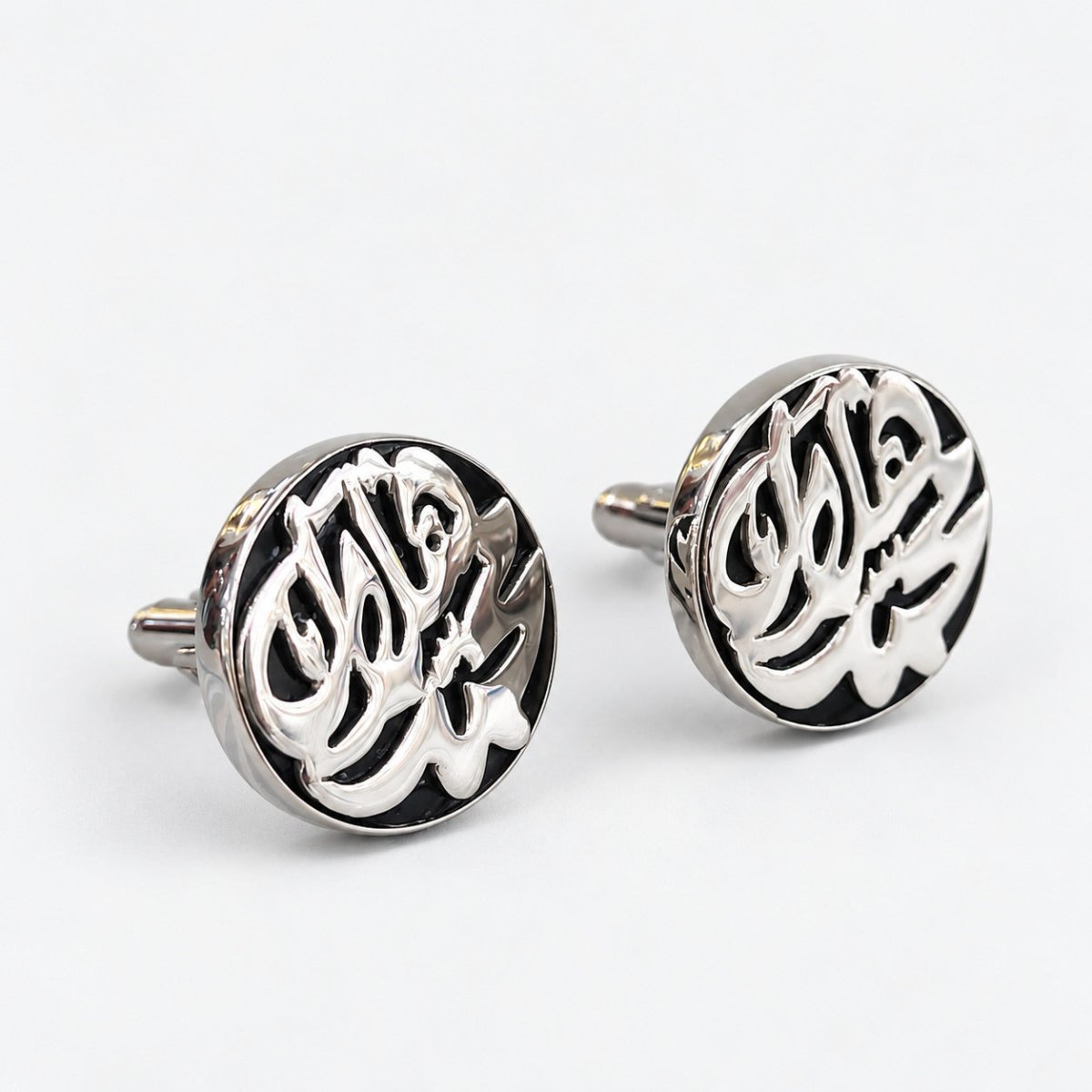 Customized Silver cufflinks 3D Round Frame Rhodium Plated - Arabic or English