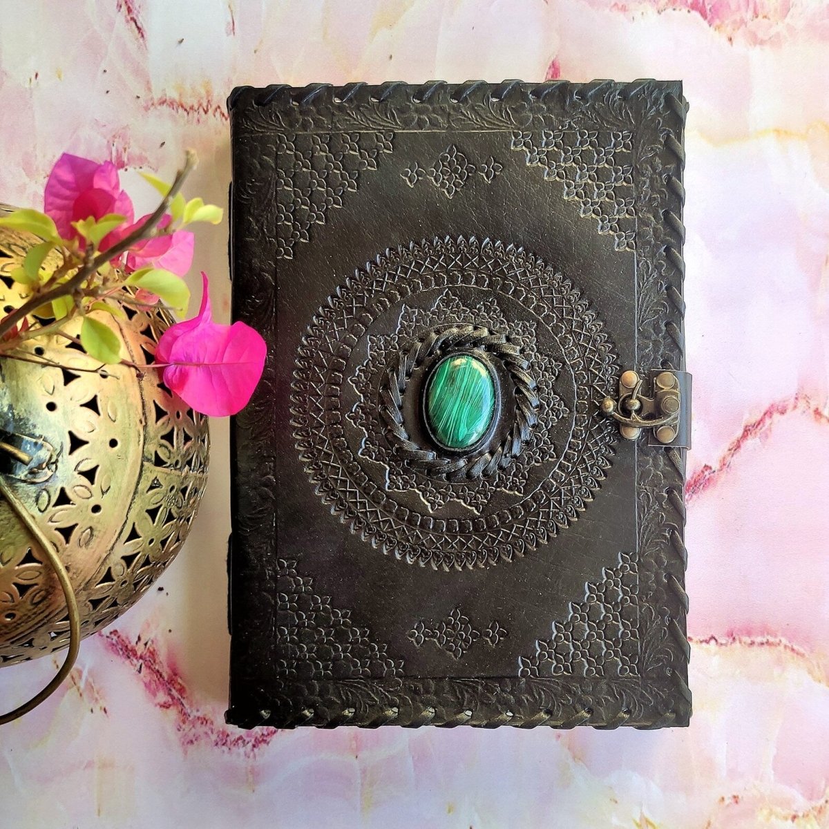 Leather Journal with Lock, Embossed Handmade Leather Grimoire Diaries, Spell Book