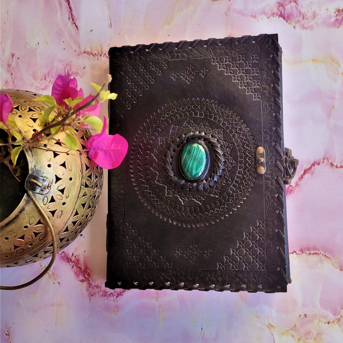 Leather Journal with Lock, Embossed Handmade Leather Grimoire Diaries, Spell Book