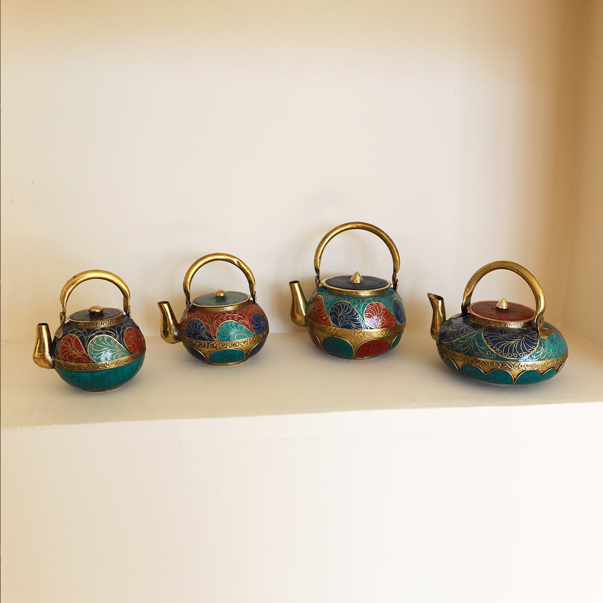 Nepalese Pure Copper Gemstone Lapis, Turquoise & Coral Teapot Wide Set