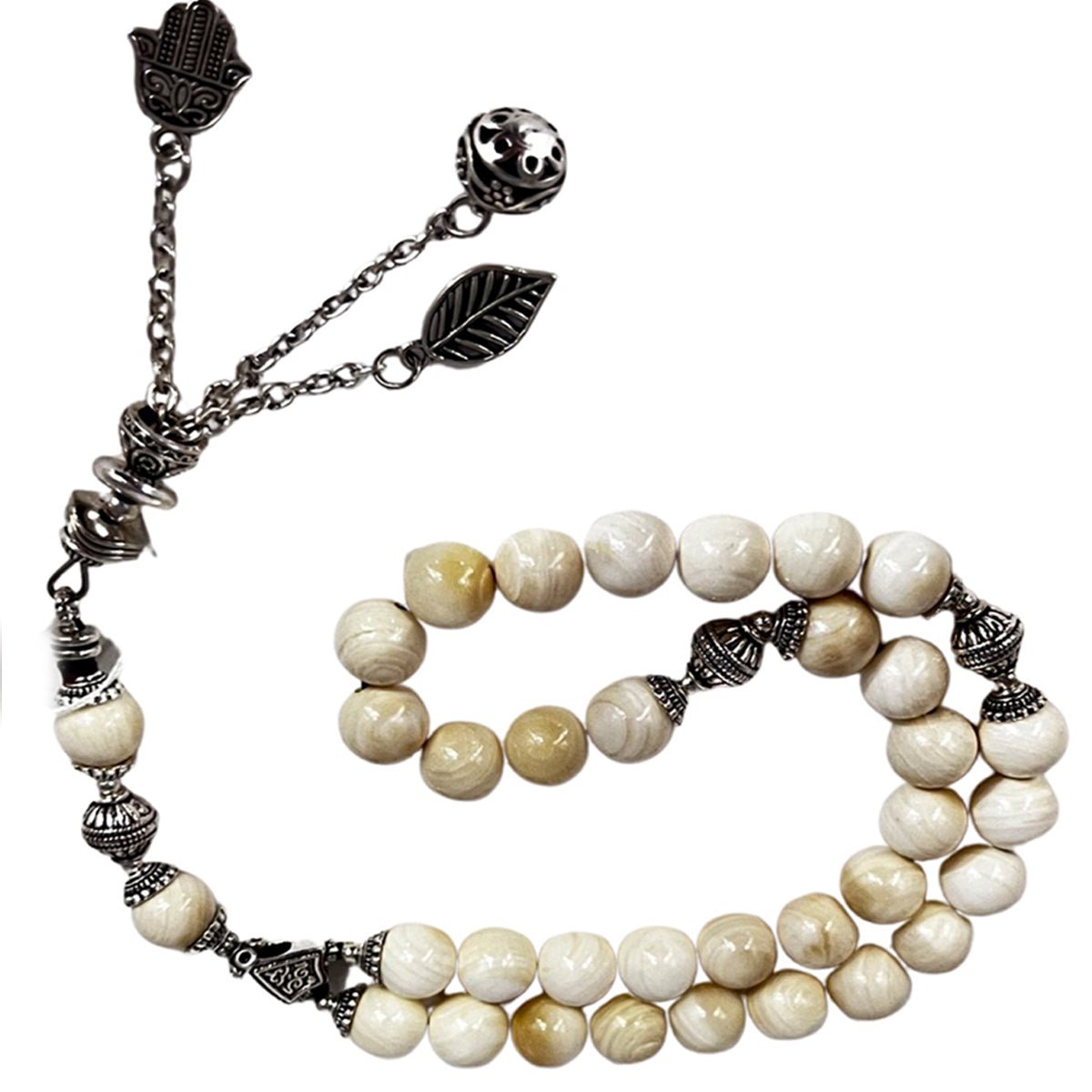 White Mother-of-Pearl Prayer Beads with Dark Tassel