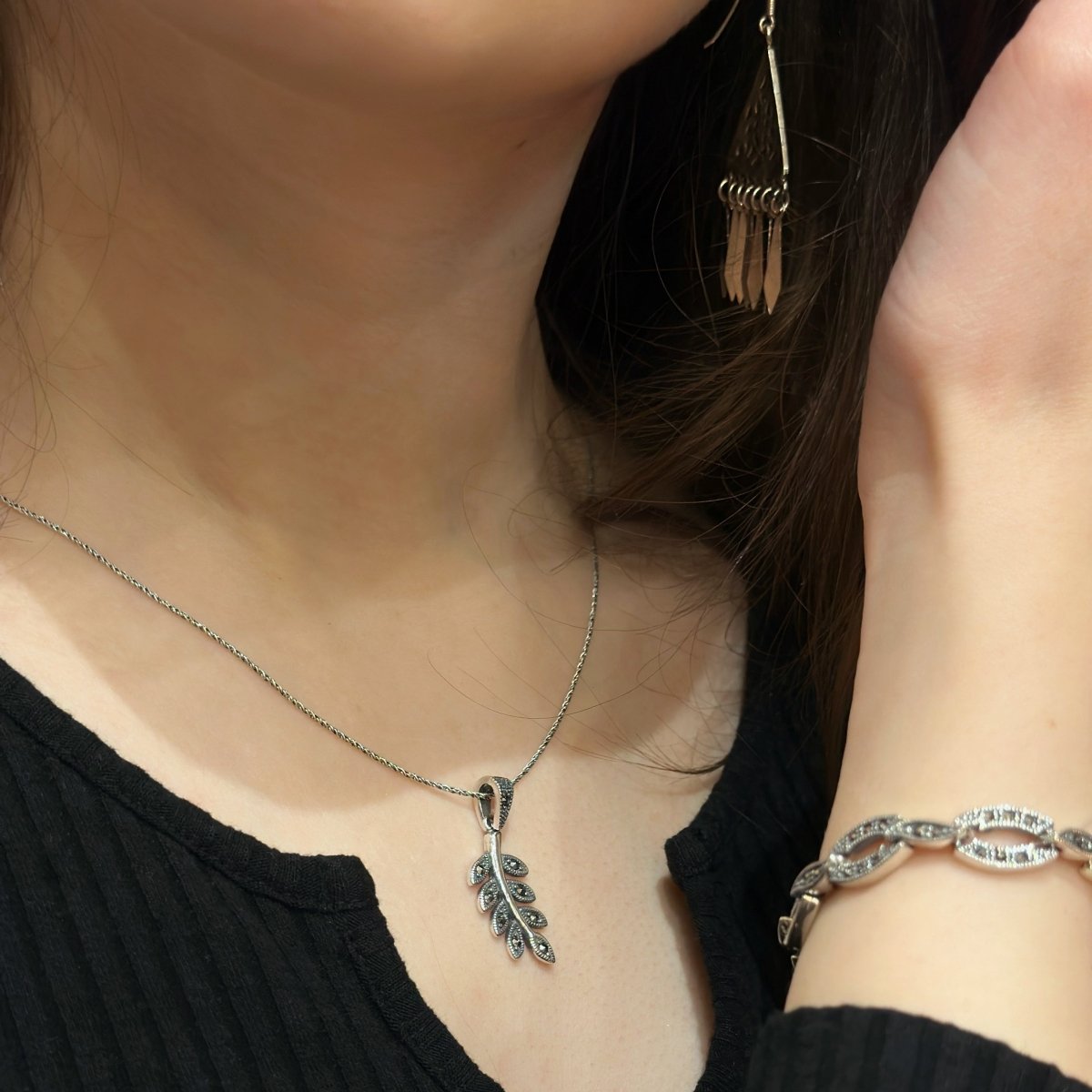 Sterling Silver Olive Leaf Necklace with Marcasrite