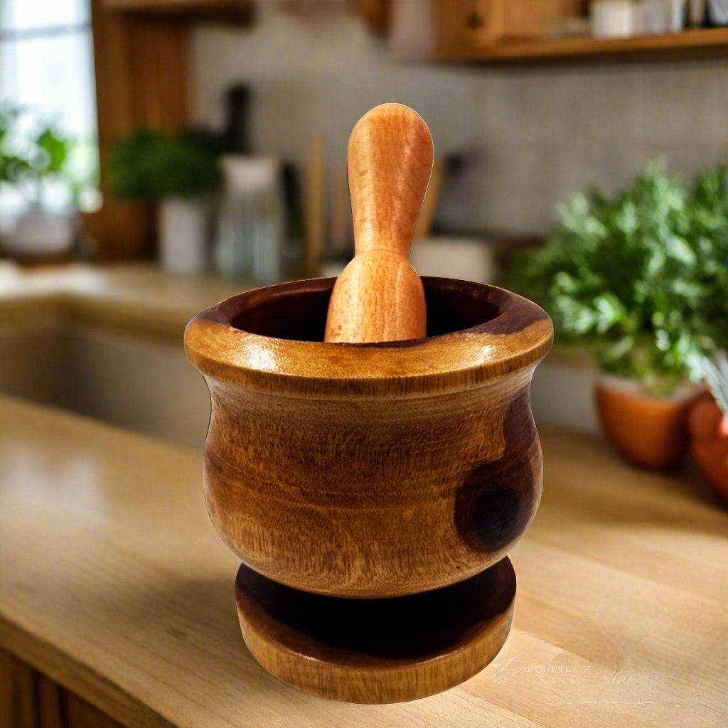 Wooden Mortar Pounder Round Herbs