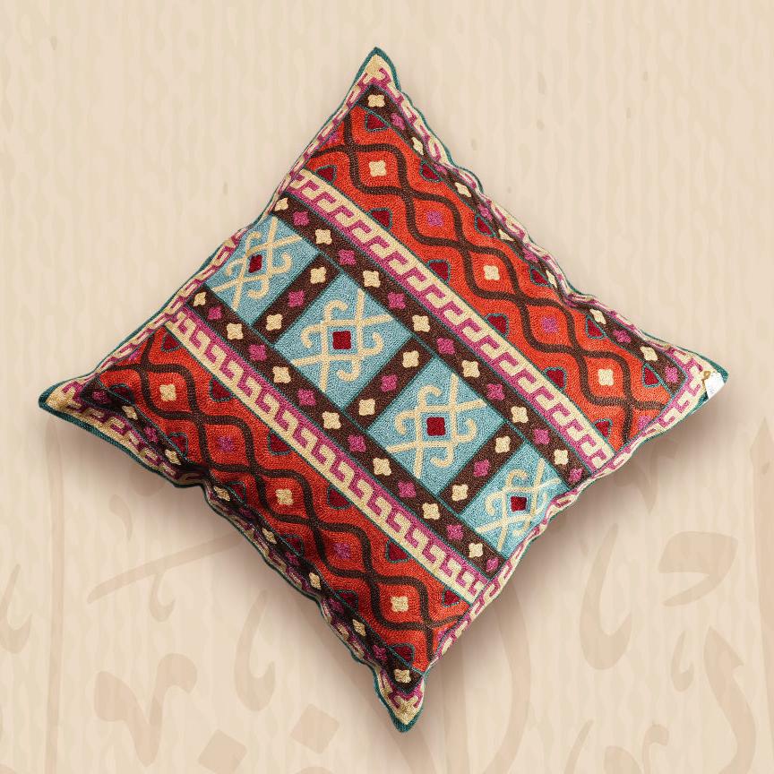 Wool Embroidered Cushion with Geometric Bands