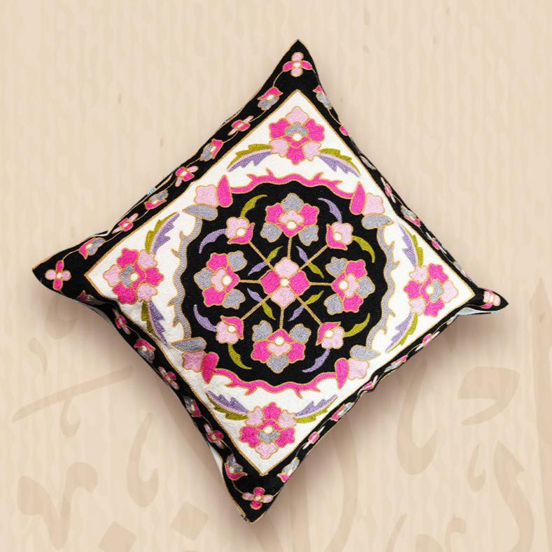 Wool Embroidered Cushion with Floral Medallion
