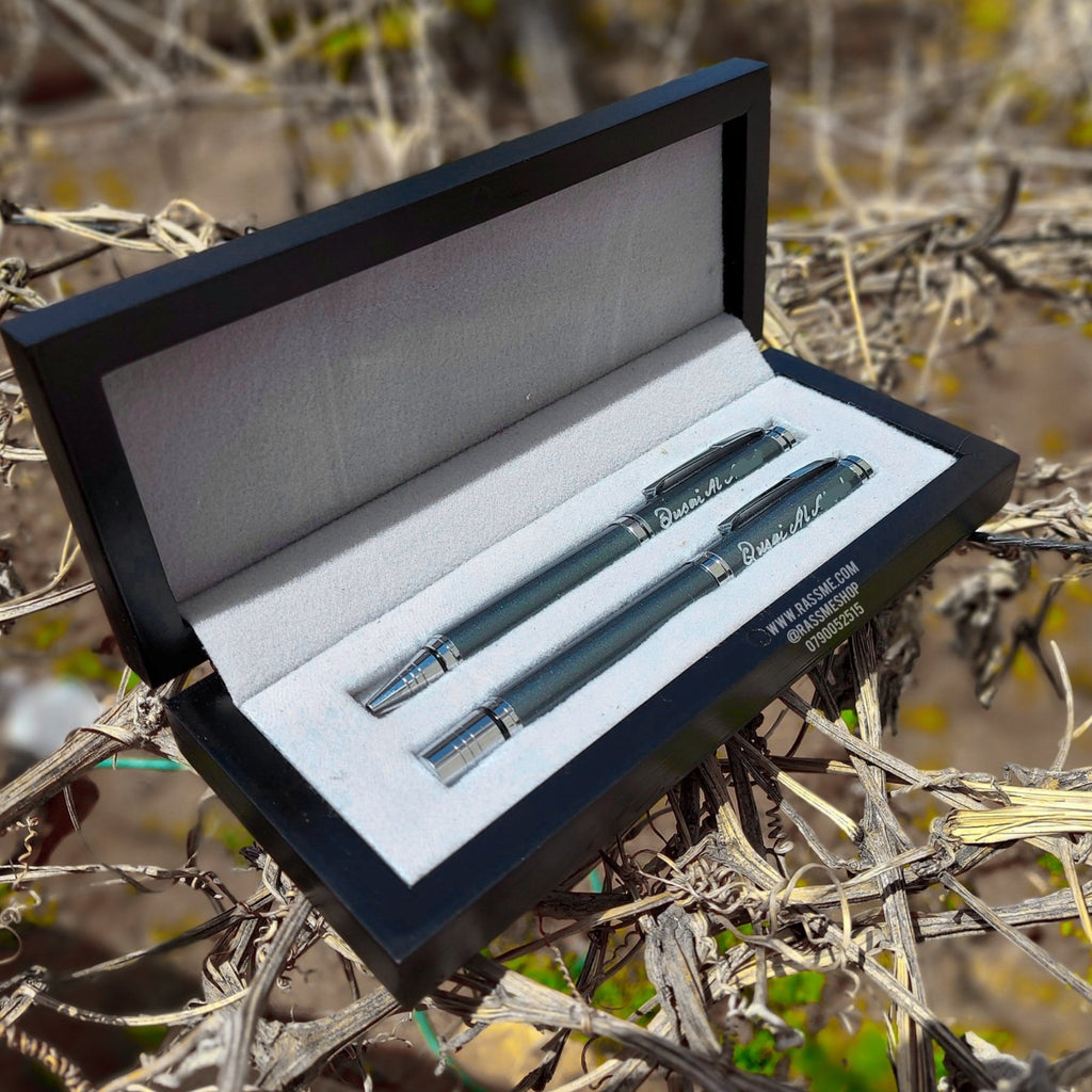 High Quality Silver Pen Set With Elegant Wooden Box - Free Engraving