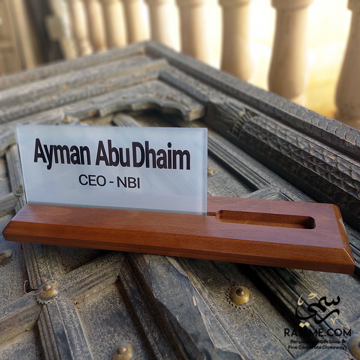 BLEACH WOOD With Glass Desk Name with card holder