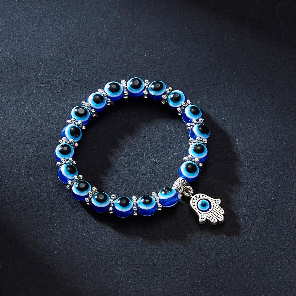 Blue Beads Evil Eye Bead Palm Charm Bracelet Elastic Couple Luck