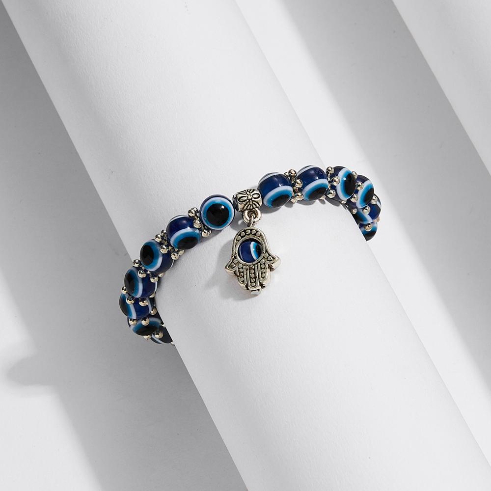 Blue Beads Evil Eye Bead Palm Charm Bracelet Elastic Couple Luck