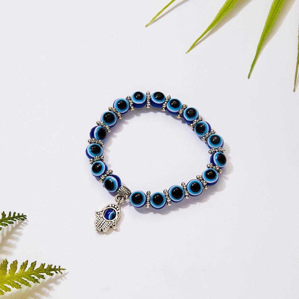 Blue Beads Evil Eye Bead Palm Charm Bracelet Elastic Couple Luck