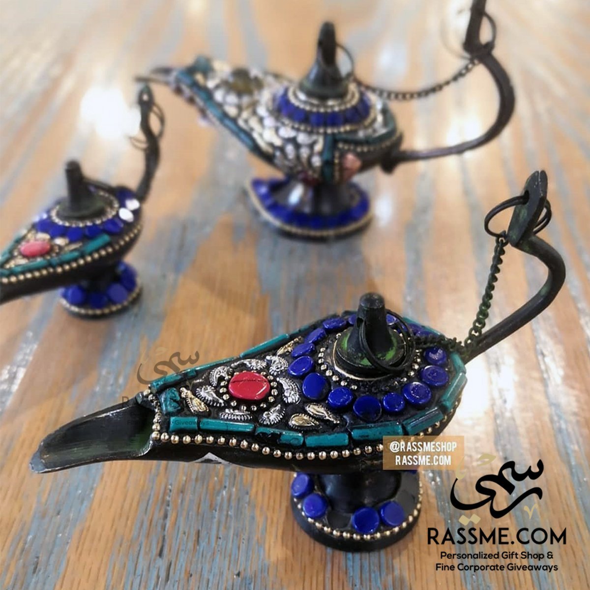 Aladdin Magical Lamp Brass & Genuine Gemstones - Free Engraving