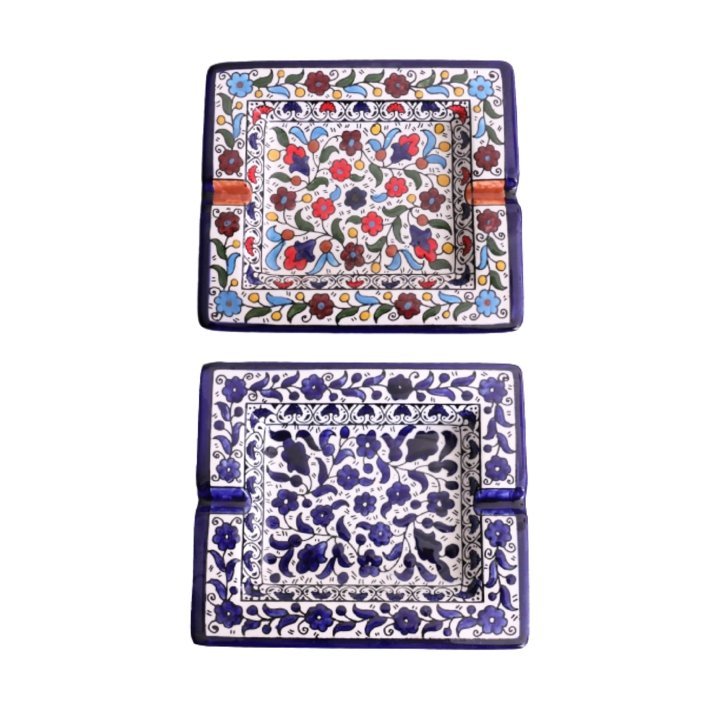 Hand Painted SQUARE Blue Ceramic Floral Ashtray Hebron Pottery