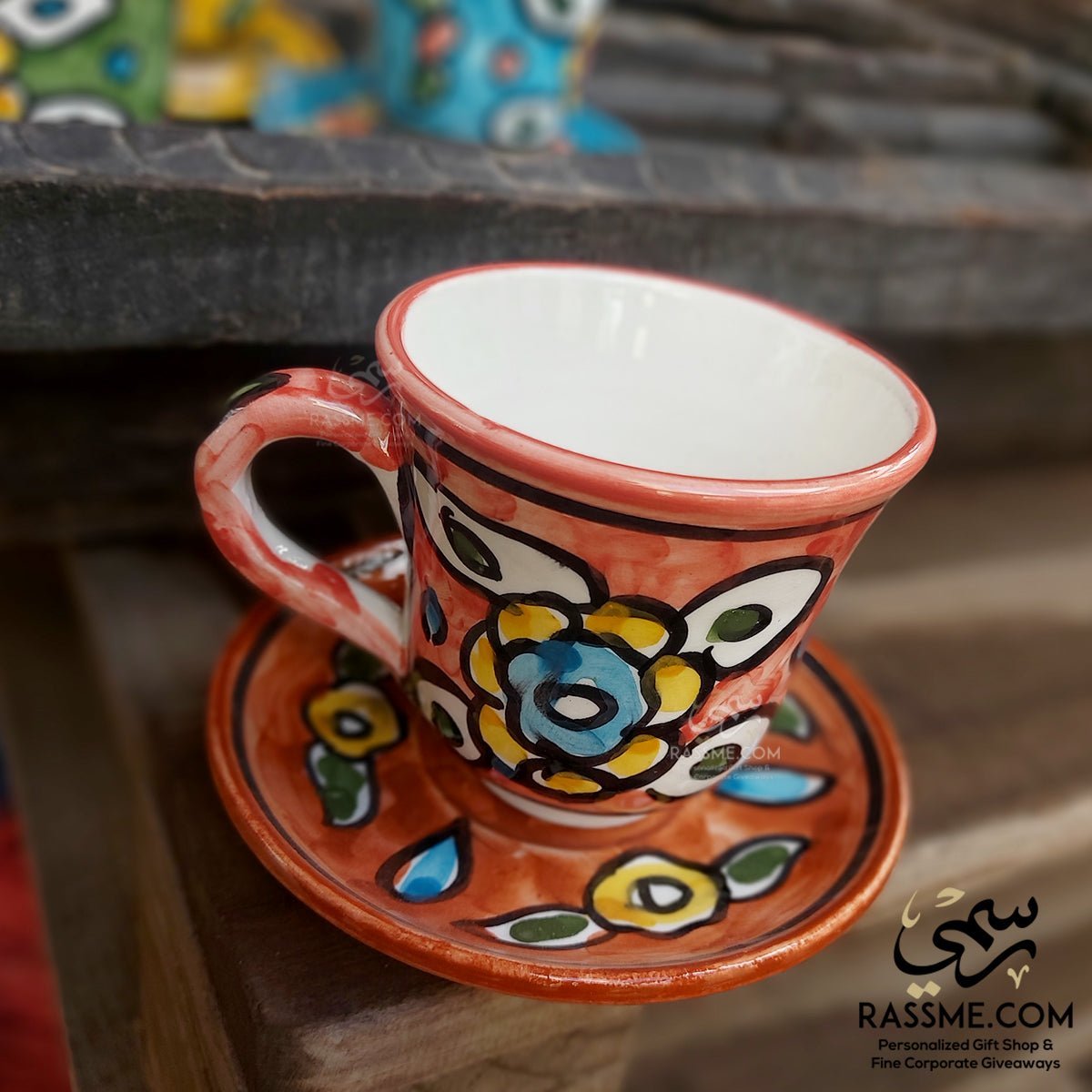 Handmade Ceramic Floral Tea Cup With Saucer Plate Pottery