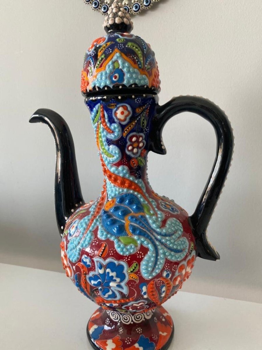 Handmade Handprinted Turkish Ceramic Ewer Pitcher Vase Home Decor