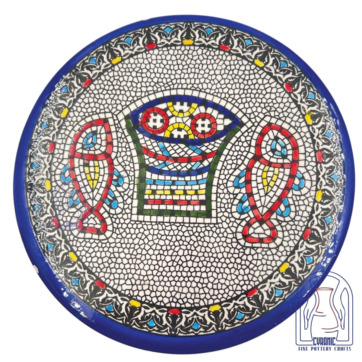 Hebron Ceramic Round Plate with Basket & Fish Motifs