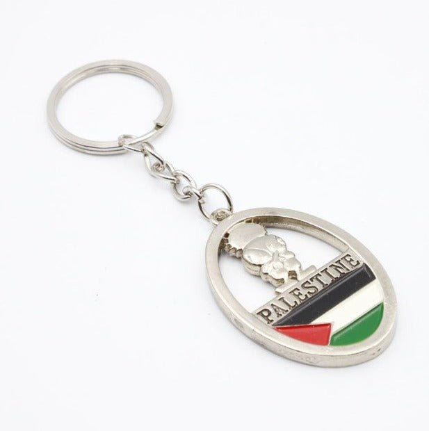 Round keychain with Handalah, a Palestine map and Palestinian flag colors.