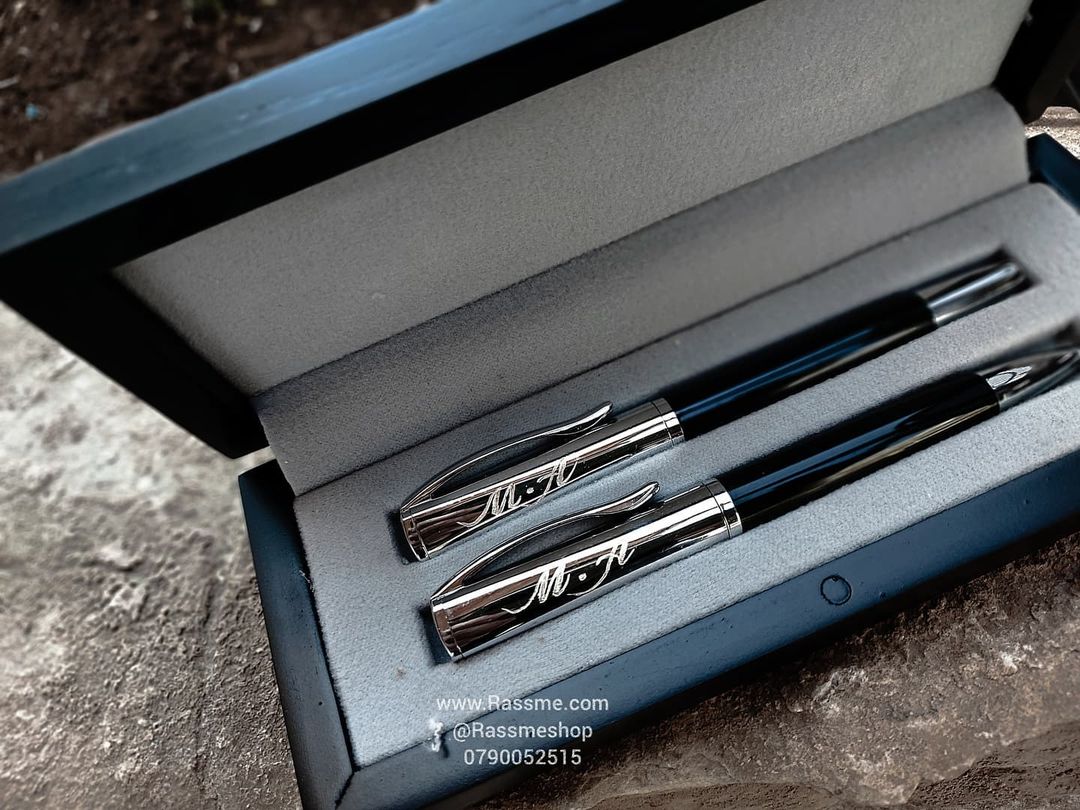 High Quality Black and Silver Pen Set With Elegant Wooden Box - Free Engraving