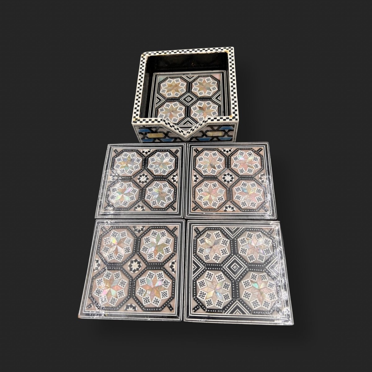 Wooden Coasters with Holder Handmade Mother of Pear Arabesque