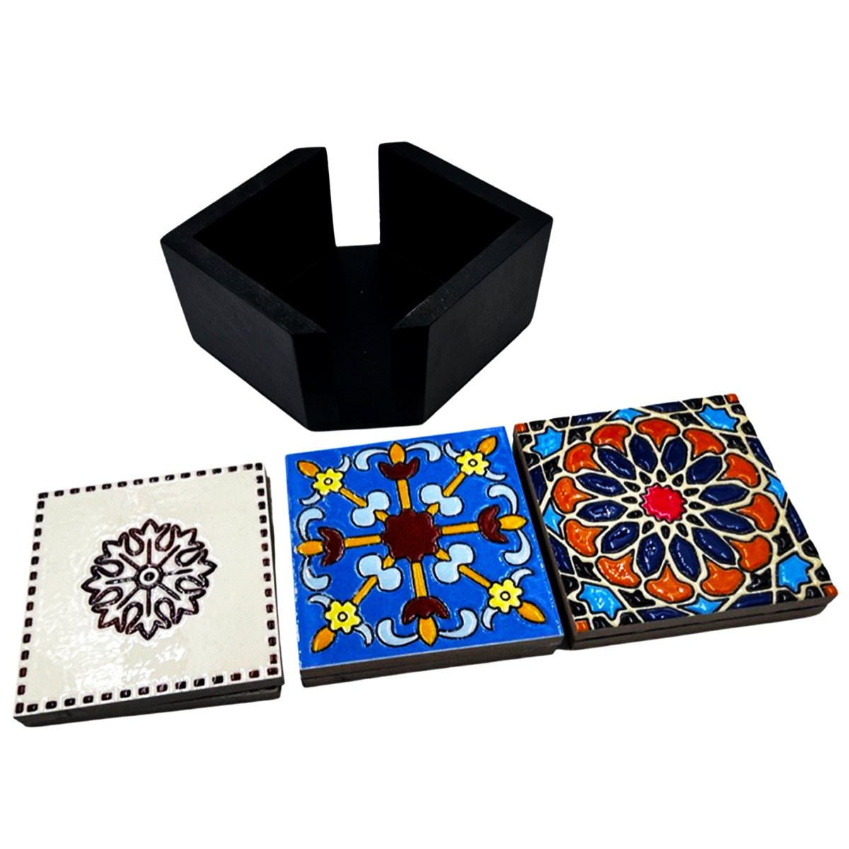 6 Ceramic Coasters With Wooden Holder