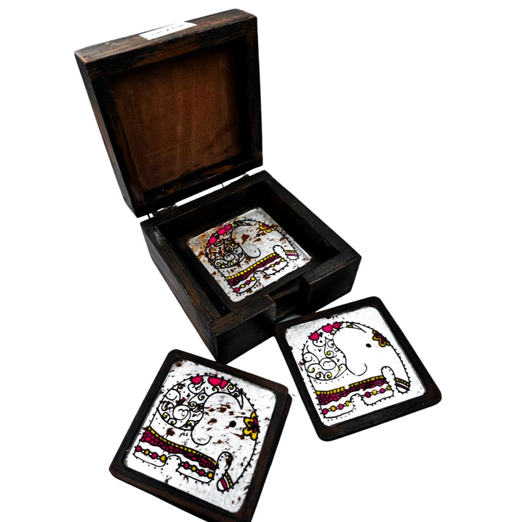 6 Coasters Set With Wooden Holder Elephant - STLESS