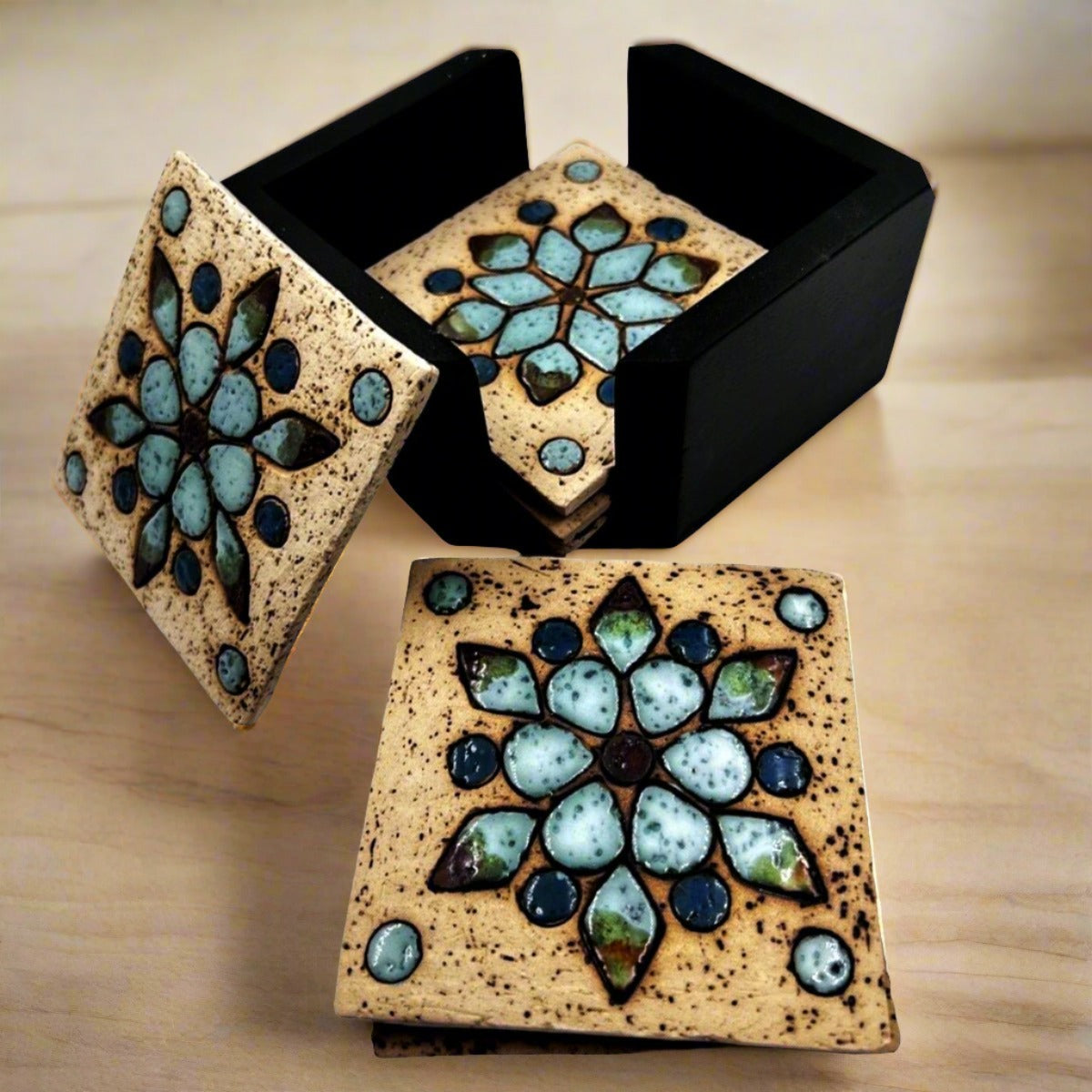 6 Coasters Set With Wooden Holder Nabateans Handcrafted