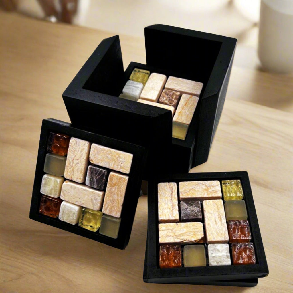 6 Coasters With Holder Wooden Mosaics - STLESS