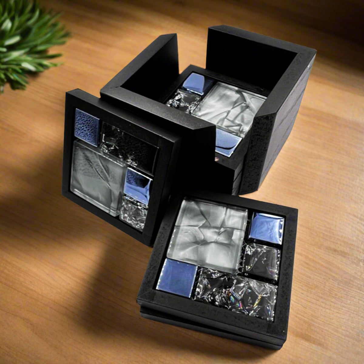 6 Coasters With Holder Wooden Mosaics Modern
