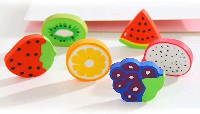 6Pcs Fruit Eraser Cute 3D Watermelon Grape Strawberry Lemon Rubber Kiwi