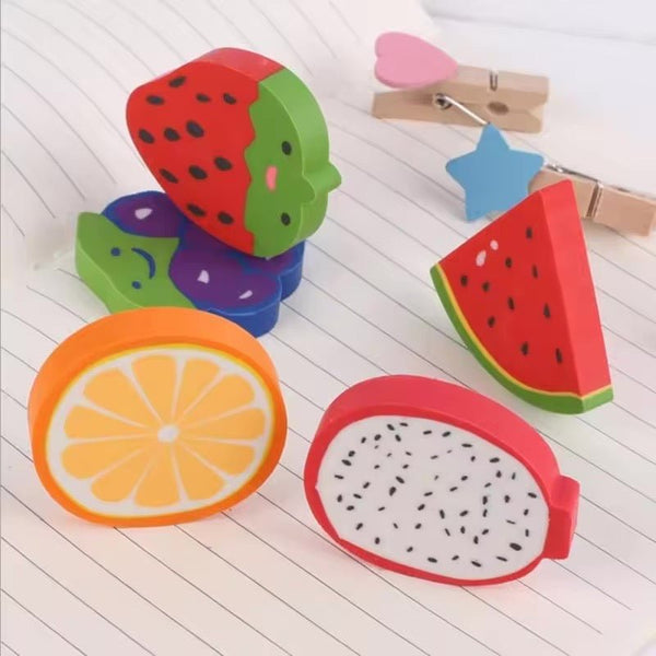 6Pcs Fruit Eraser Cute 3D Watermelon Grape Strawberry Lemon Rubber Kiwi