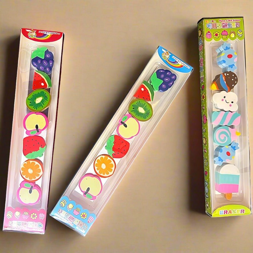 6Pcs Fruit Eraser Cute 3D Watermelon Grape Strawberry Lemon Rubber Kiwi