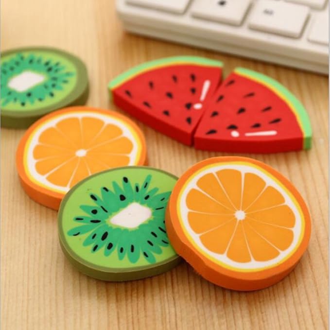 6Pcs Fruit Eraser Cute 3D Watermelon Grape Strawberry Lemon Rubber Kiwi