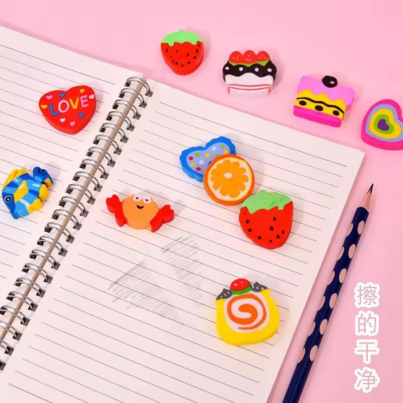 6Pcs Fruit Eraser Cute 3D Watermelon Grape Strawberry Lemon Rubber Kiwi