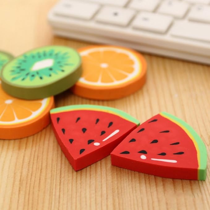 6Pcs Fruit Eraser Cute 3D Watermelon Grape Strawberry Lemon Rubber Kiwi