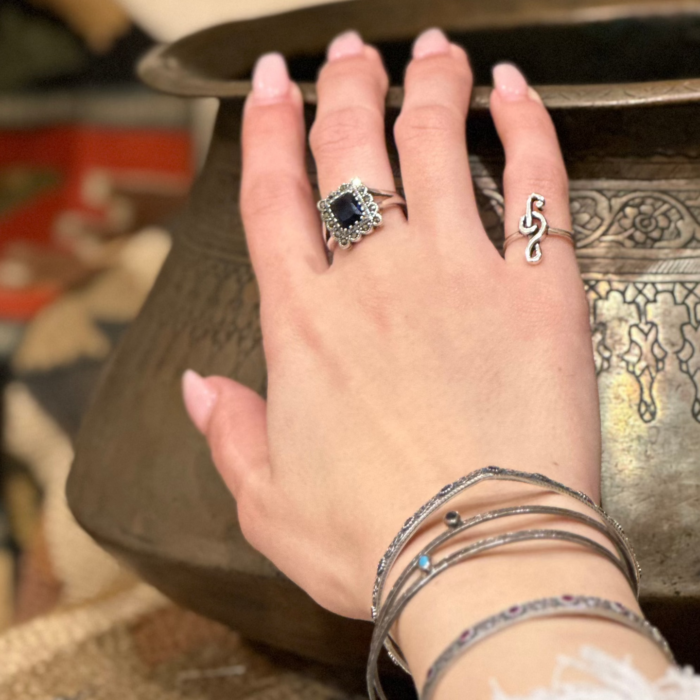 Sterling Silver Marcasite Frame With Onyx Stone Ring