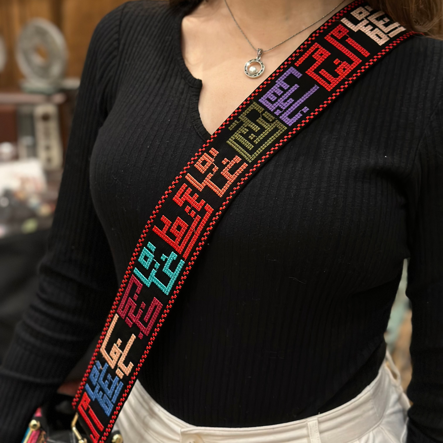 Hand-Embroidered Palestinian Cities Strap Bag – Arabic Calligraphy Crossbody Shoulder Strap for Handbags