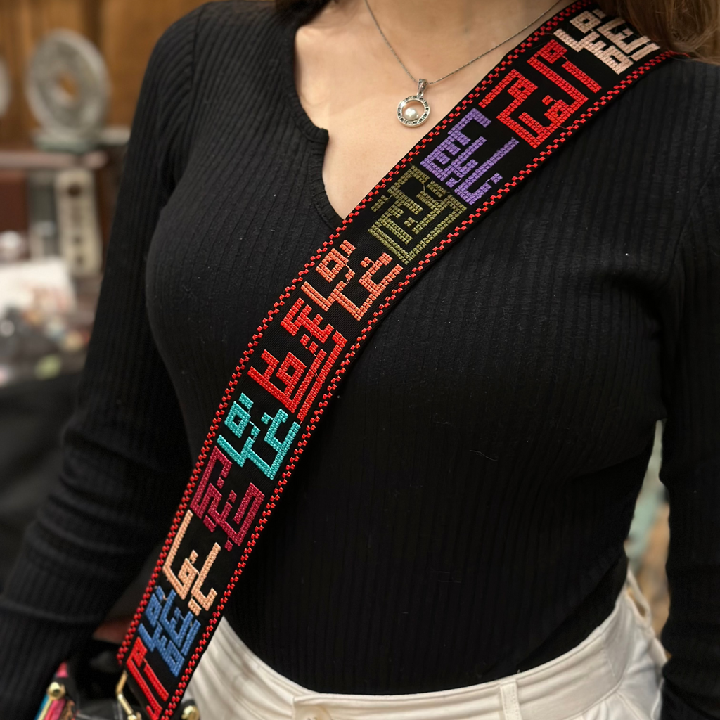 High-Quality Hand-Embroidered Black Bag Strap – Palestinian City Names Crossbody Shoulder Strap