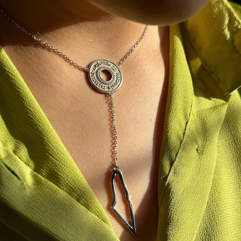 Silver Palestine Coin With Map Necklace سنسال عملة وخريطة فلسطين