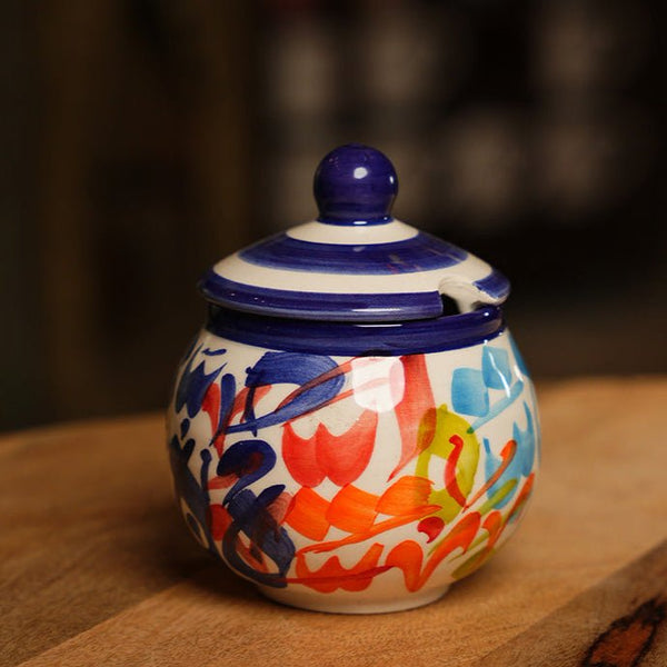 Blue Ceramic Pottery Sugar Container Handmade in Jordan