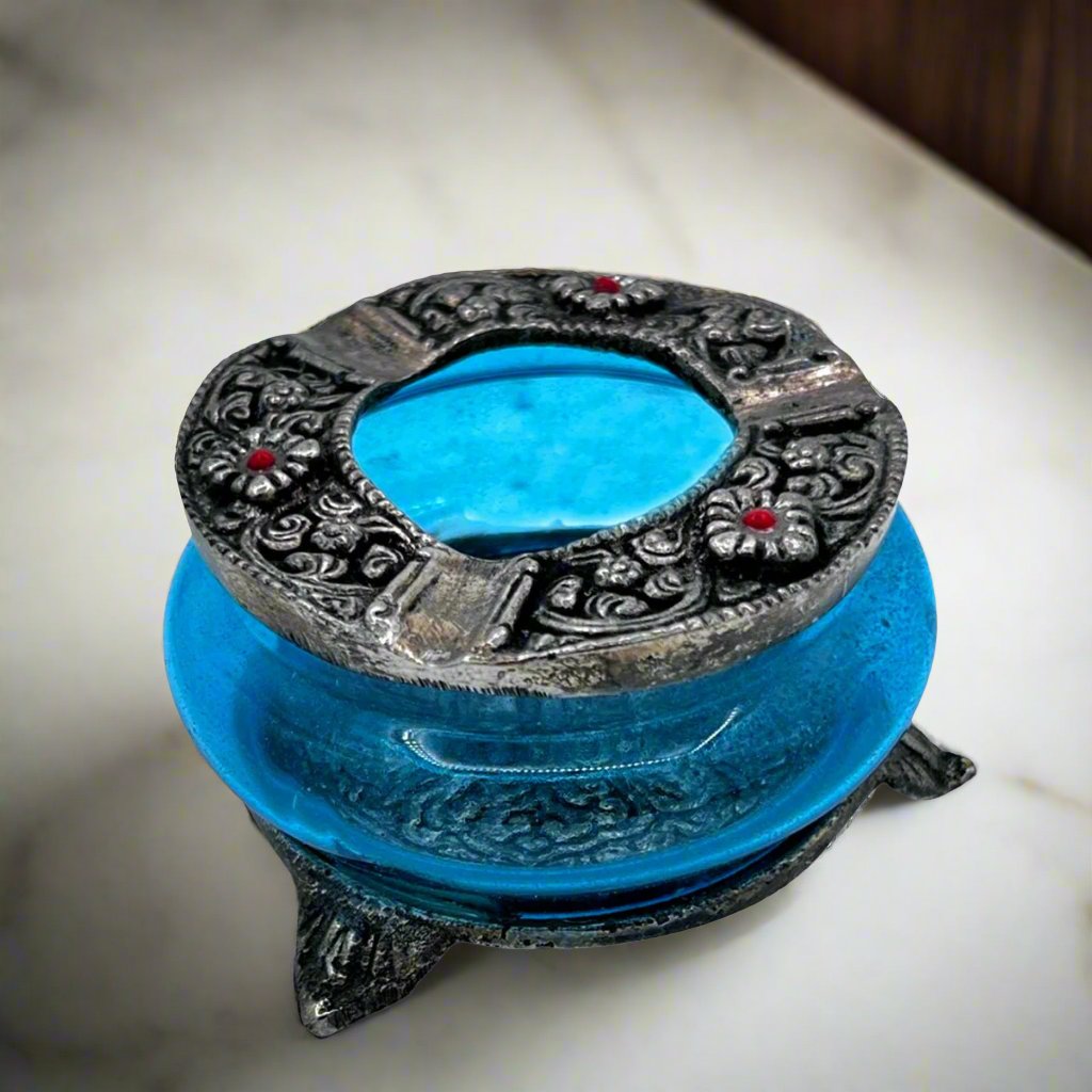 Blue Glass With Metal Ashtray
