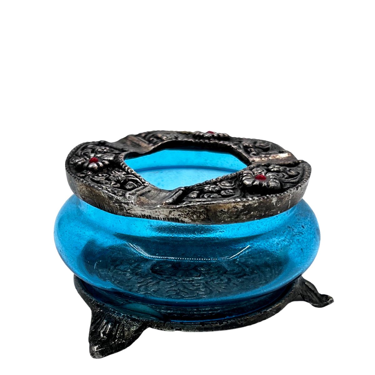 Blue Glass With Metal Ashtray