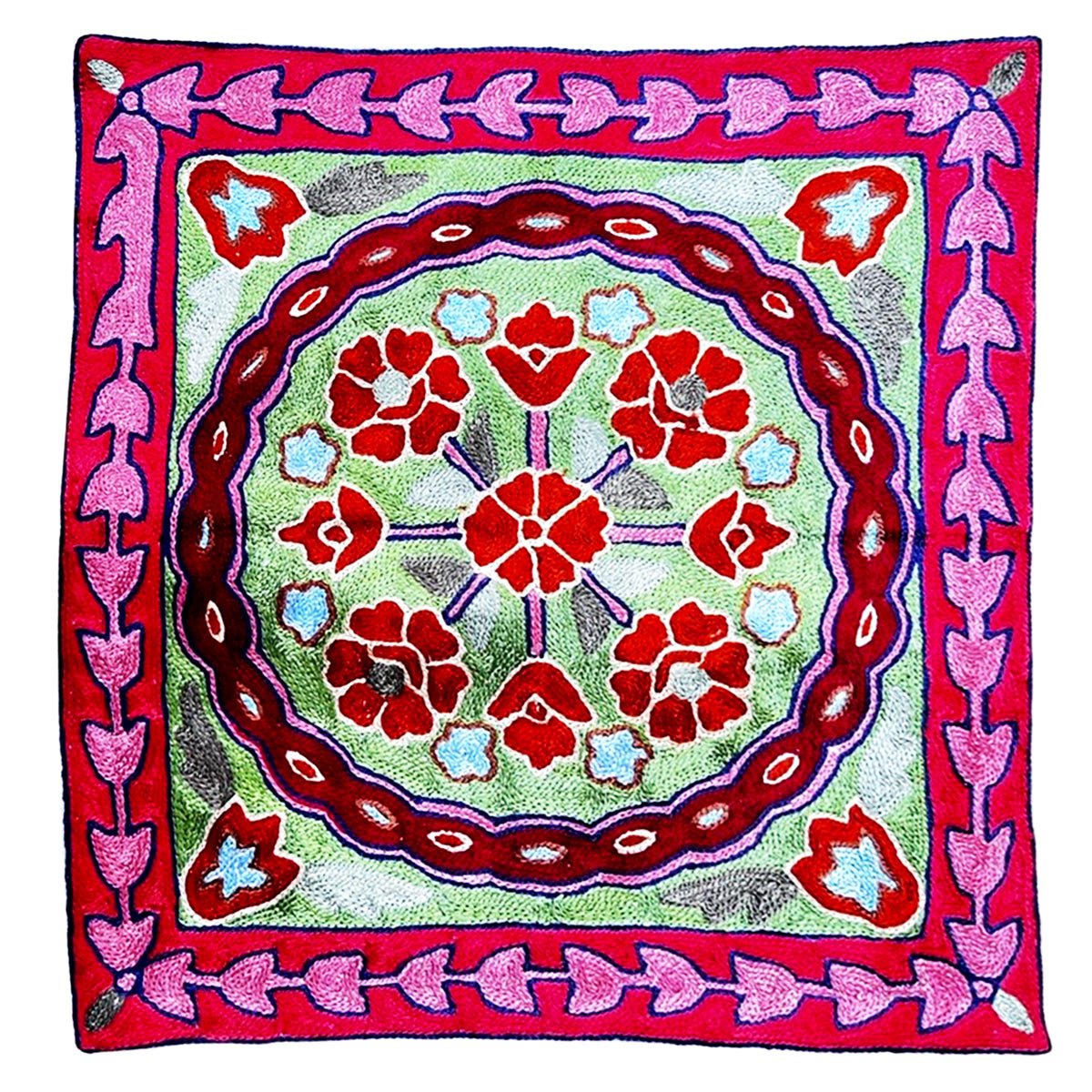 Crewel Wool Embroidered Cushion Throw Pillow Cover Pink & Purple