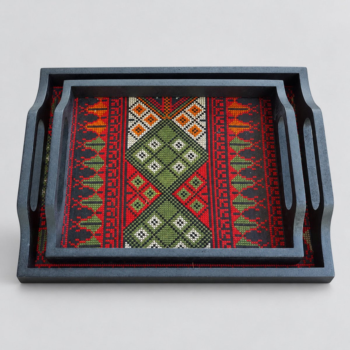 Embroidery Tray Set Two Pieces Glass and Wood