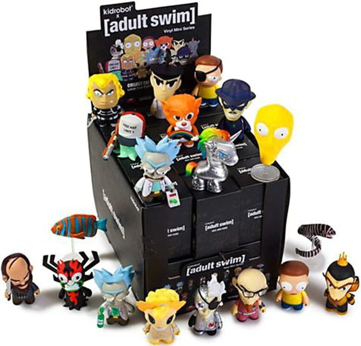 Kidrobot Adult Swim blind box display with assorted mini vinyl character figures