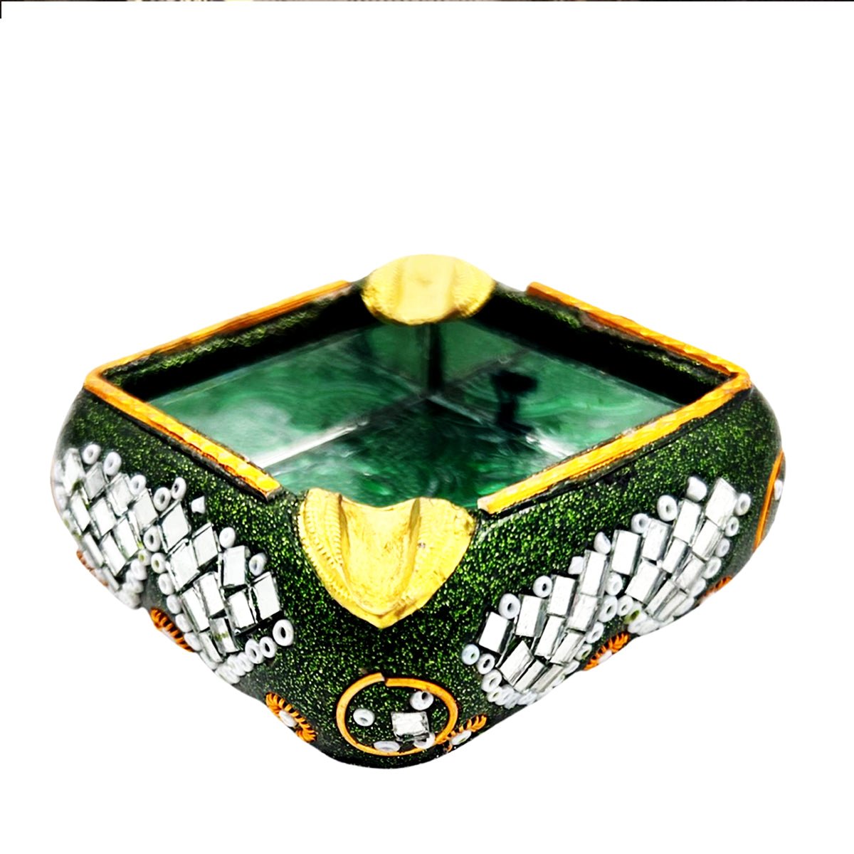 Green Glass With Brass Ashtray