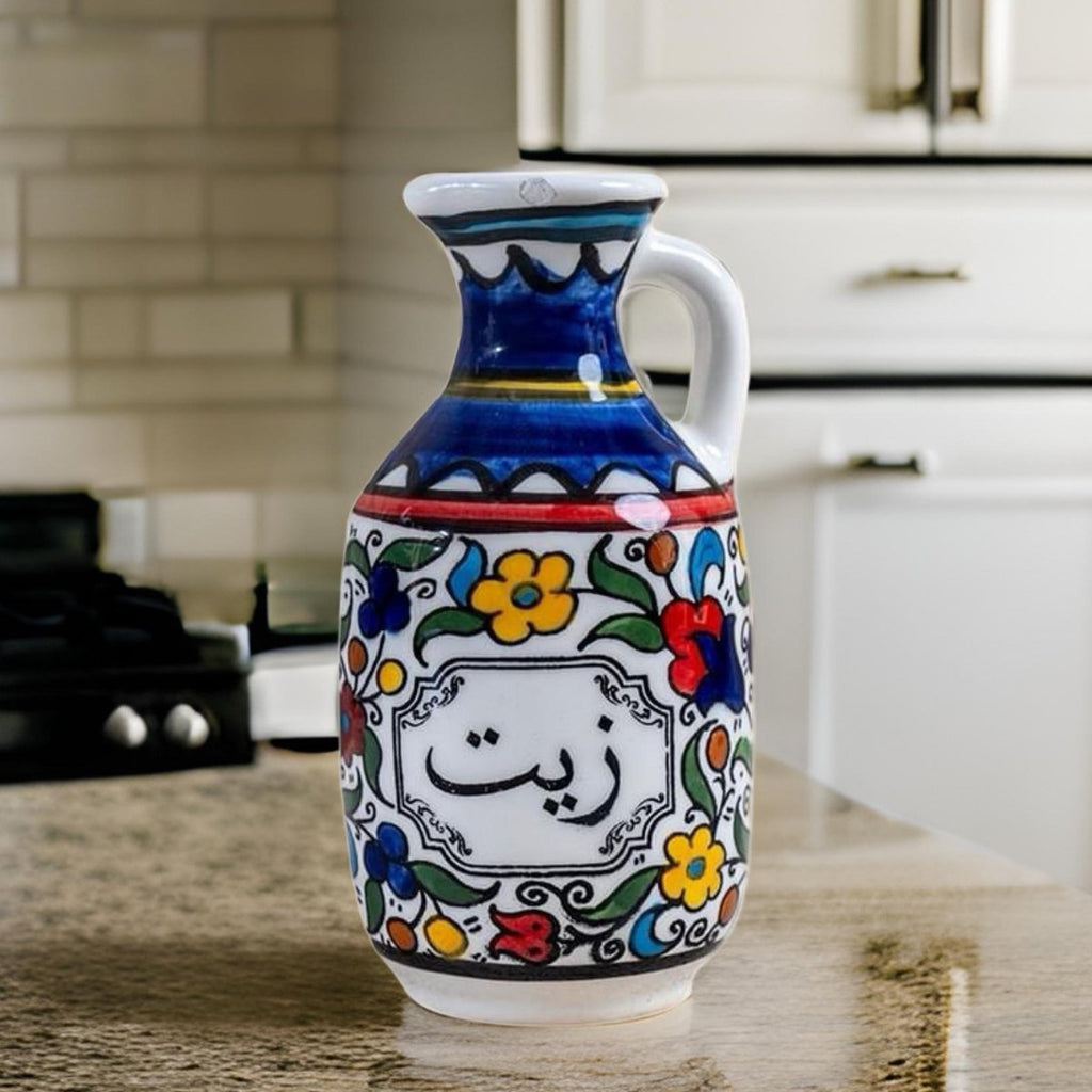 Hand Paint Palestinian Ceramics Olive Oil Bottle Zeit Zaitoun - قنينة زيت زيتون