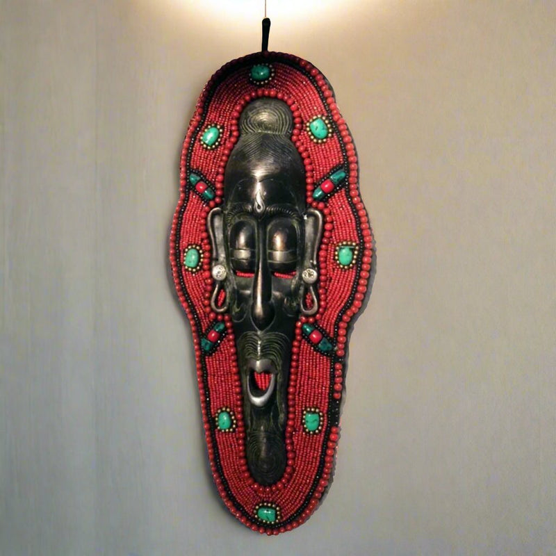 Handcrafted Gemstones Coral African Mask Wall Hanging